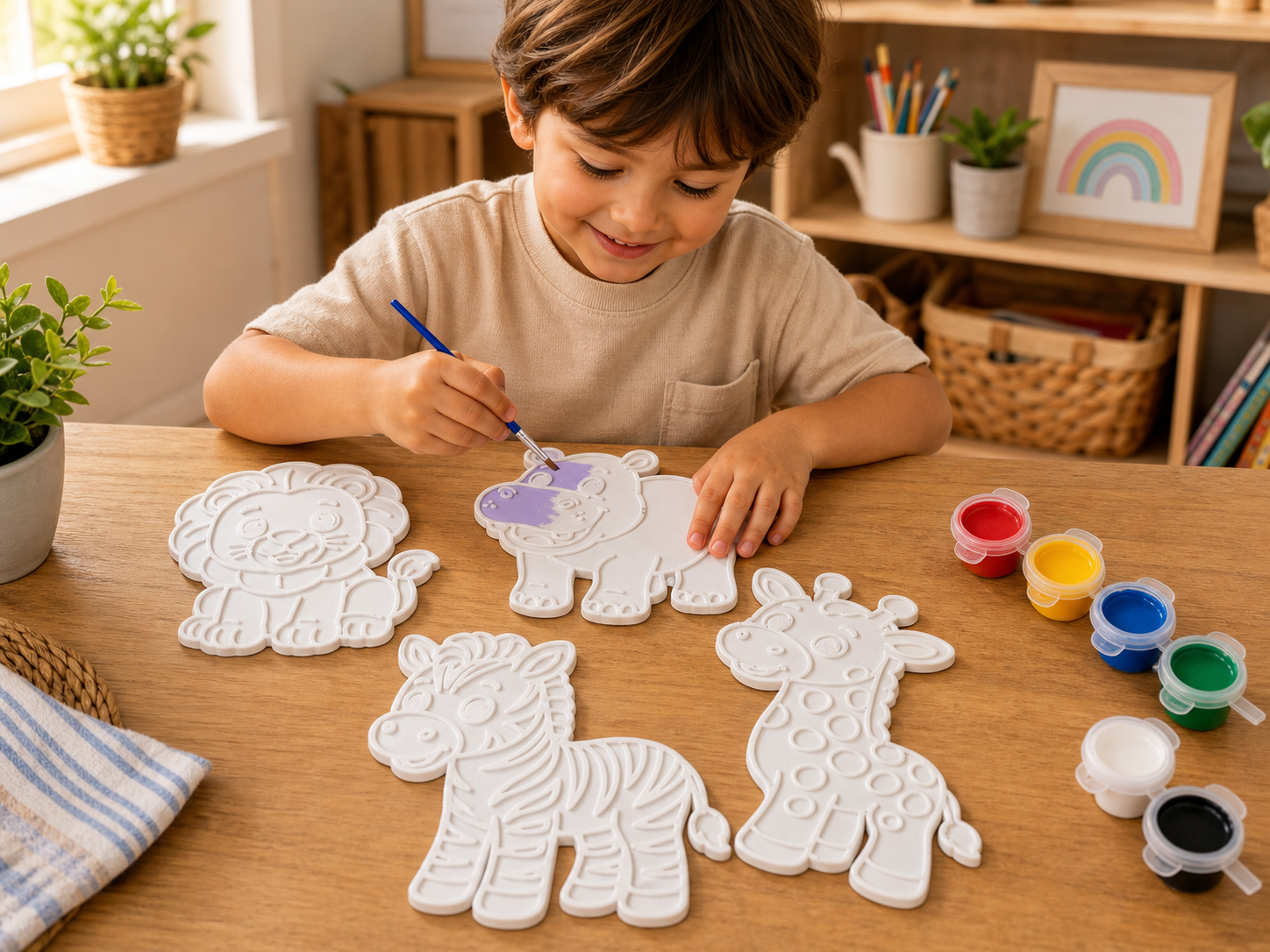 3-kid-painting-Lion,Hippo,Giraffe,Zebra