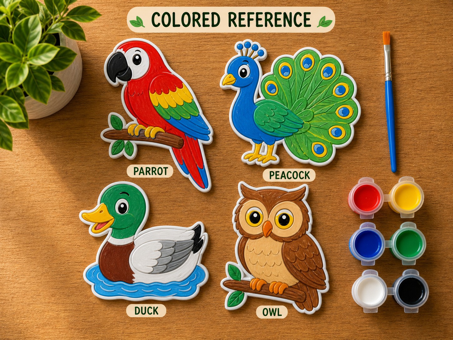 colored-reference_Parrot, Peacock, Duck and Owl