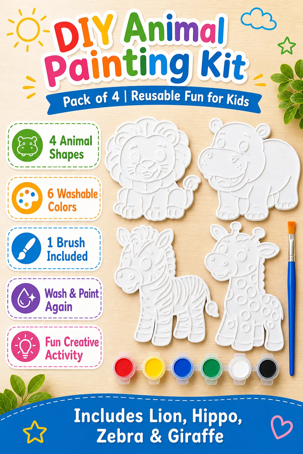 Kids DIY Animal Painting Kit | 3D Printed Return Gift Set of 4 - kids animal painting kit